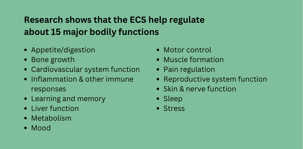 Research shows that the ECS help regulate about 15 major bodily functions